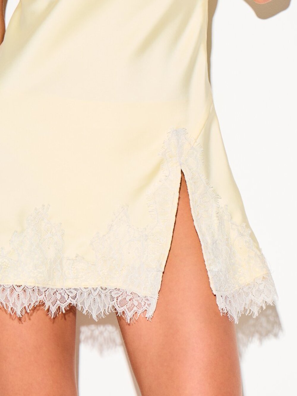 Pale Yellow Elegant Women's Slip Mini Dress with Lace Trim and Side Slit - Picture 6 of 6